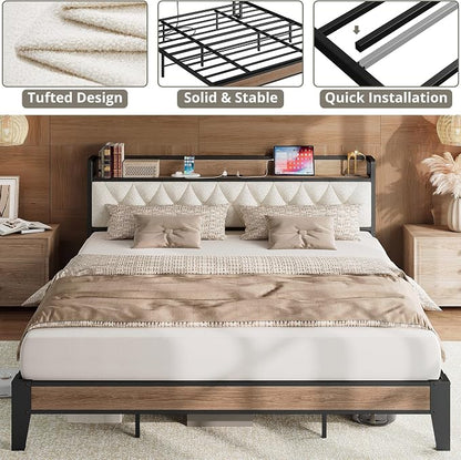 ANCTOR California King Bed Frame, Storage Headboard with Charging Station, Platform Bed Frame with Strong Metal Support, Sturdy & Stable, Noise Free, No Box Spring Needed, Easy Assembly,Wood and Cream