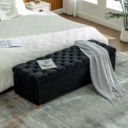 60.2" Storage Bench, End of Bed Storage Benches, Chenille Fabric Upholstered Ottoman Bench with Safety Hinge for Living Room Entryway Bedroom Hallway