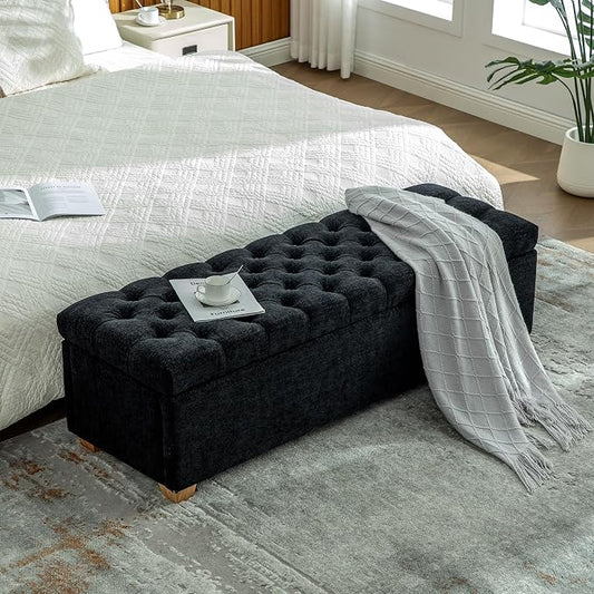 60.2" Storage Bench, End of Bed Storage Benches, Chenille Fabric Upholstered Ottoman Bench with Safety Hinge for Living Room Entryway Bedroom Hallway