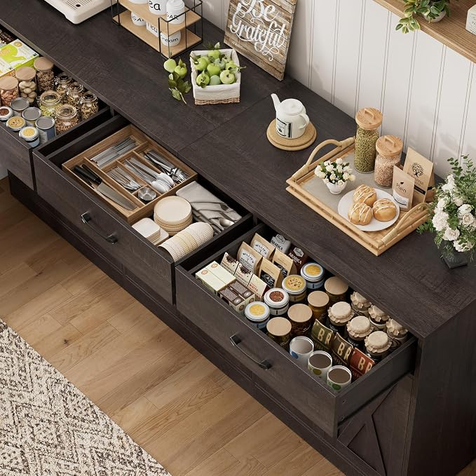 HOSTACK 71" Large Sideboard Buffet Cabinet with Storage, Farmhouse Coffee Bar Cabinet with 3 Drawers, Long Kitchen Buffet Table, Kitchen Sideboard Storage Cabinet for Dining, Living Room, Dark Brown