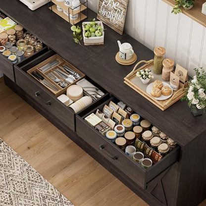 HOSTACK 71" Large Sideboard Buffet Cabinet with Storage, Farmhouse Coffee Bar Cabinet with 3 Drawers, Long Kitchen Buffet Table, Kitchen Sideboard Storage Cabinet for Dining, Living Room, Dark Brown