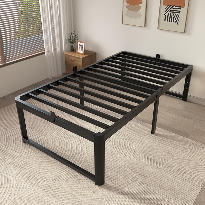 ZTH Twin Size Metal Platform Bed Frame 16 in, No Box Spring Needed, Black | Heavy duty support, Underbed storage, Noise-free design, Anti-slip clips, Rounded legs, Easy assembly, Headboard compatible