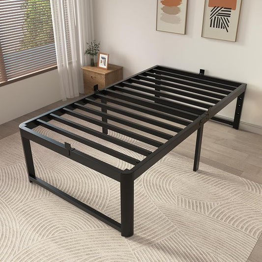 ZTH Twin Size Metal Platform Bed Frame 16 in, No Box Spring Needed, Black | Heavy duty support, Underbed storage, Noise-free design, Anti-slip clips, Rounded legs, Easy assembly, Headboard compatible