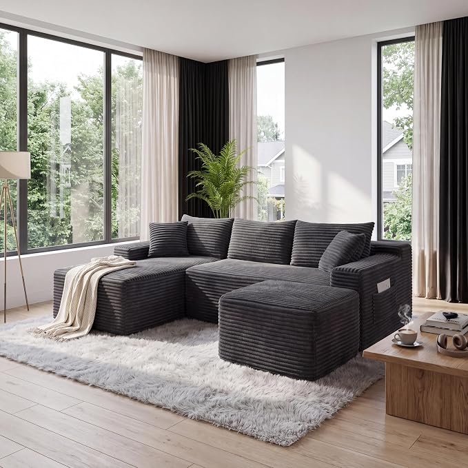 106-Inch Oversized U-Shaped Left Facing Corner Compressed Sofa Modular Boneless Cloud Sectional Sofa Floor Foam Couch W/Chaise & Ottoman, Corduroy Corner Boneless Cloud Couch