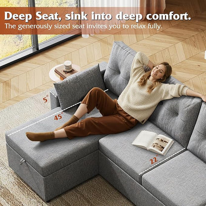 WLIVE 110'' Sectional Couches for Living Room, Pull Out Couch, U Shape 7 Seat Sleeper Sofa with Storage Chaise and Pillows, Removable Sofa Cover, Cups Holders, USB Charging Station, Grey