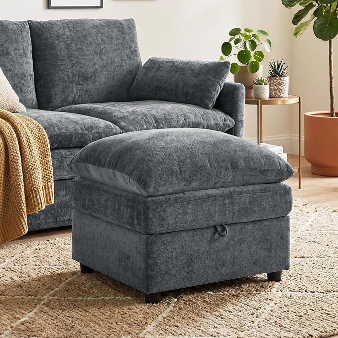 Iroomy 25" Chenille Ottoman, 9.5" Thick Cushion, Upholstered Footrest Modern Footstool & Bench for Living Room, Bedroom, Gray