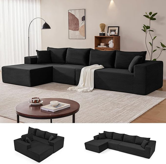 Mangodan 140” Cloud Sectional Couch, Modular Sectional Sofa with Deep Seat, Boneless Sofa for Living Room, Fluffy Comfy L-Shaped Couch with Left Facing Chaise, No Assembly Required, Black