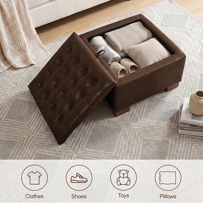 24 Inch Square Storage Ottoman Coffee Table, Modern Tufted Upholstered Ottoman with Flip Tray and Solid Wood Legs, Suitable for Living Rooms, Faux Leather Coffee
