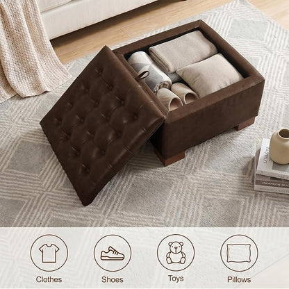 24 Inch Square Storage Ottoman Coffee Table, Modern Tufted Upholstered Ottoman with Flip Tray and Solid Wood Legs, Suitable for Living Rooms, Faux Leather Coffee