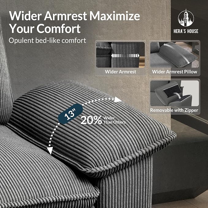 HERA'S HOUSE 158" Oversized Modular Sectional Sofa, Comfy L Shaped Couches for Living Room, Cloud Couch with Ottoman, 5-Seater Deep Seat Sofa with Throw Pillow, Corduroy Grey