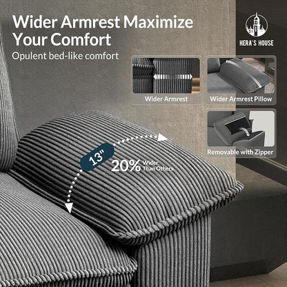 HERA'S HOUSE 88" Modular Sectional Sofa, L Shaped Couches for Living Room, Comfy Cloud Couch with Ottoman, 3-Seater Deep Seat Sofa with Throw Pillow, Corduroy Grey