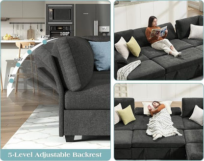 VanAcc 105" Sofa Bed, Sectional Sleeper Sofa with Pull Out Bed/Reclining Backrest, Sleeper Couch Bed with Storage, 6 Seater Couch Bed for Living Room, Chenille Dark Gray