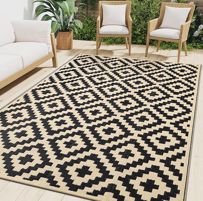 Smiry Waterproof Outdoor Rug 6x9 ft, Reversible Plastic Straw Patio Camping Rugs, Outdoor Indoor RV Mat Carpet for Patio, Outside Entry, Backyard, Deck, Bench, Picnic, Camper, Black & Beige