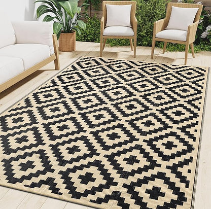 Smiry Waterproof Outdoor Rug 8x10 ft, Reversible Plastic Straw Patio Camping Rugs, Outdoor Indoor RV Mat Carpet for Patio, Outside Entry, Backyard, Deck, Bench, Picnic, Camper, Black & Beige