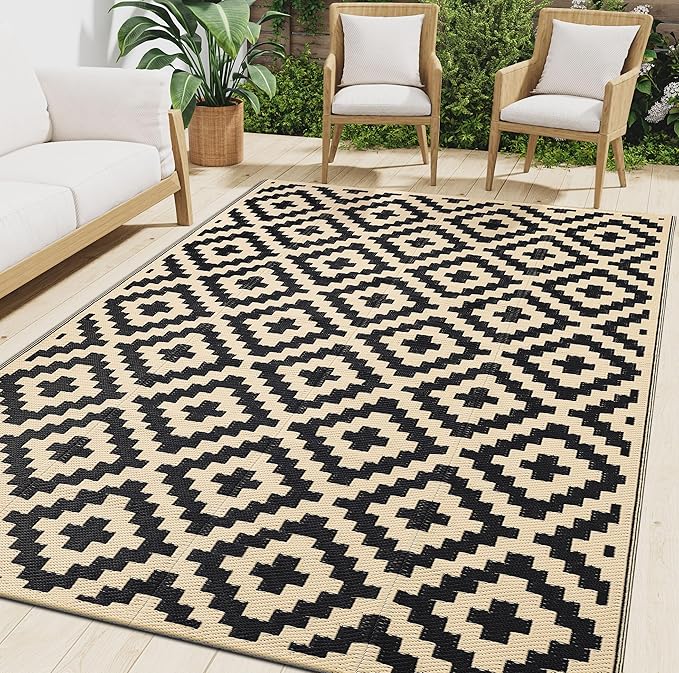 Smiry Waterproof Outdoor Rug 10X14 ft, Reversible Plastic Straw Patio Camping Rugs, Outdoor Indoor RV Mat Carpet for Patio, Outside Entry, Backyard, Deck, Bench, Picnic, Camper, Black & Beige