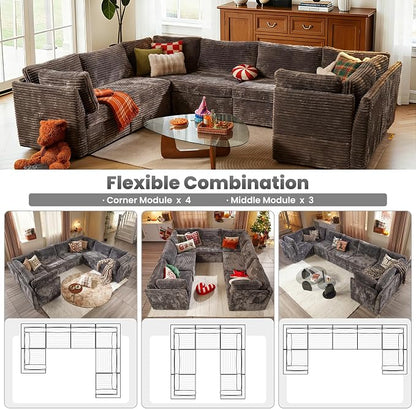 ovios Modular Sectional Sofa Couch with U-Shape Chaise Oversized, Comfy Plush Corduroy Cloud Couches, Modern Luxury Deep Seat Sofas Set for Living Room, 7-Seater, Grey
