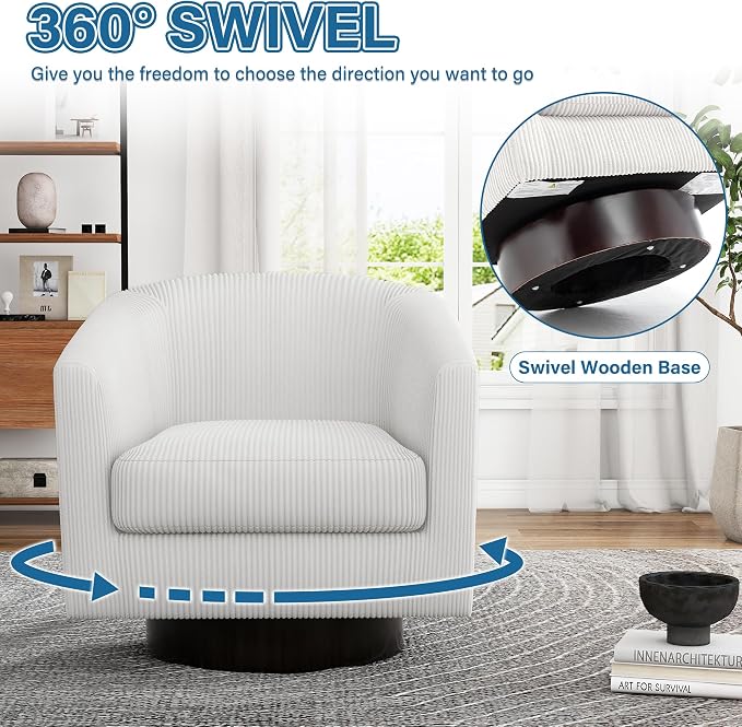Swivel Accent Chair, Upholstered Corduroy Barrel Chair for Living Room, Small Single Sofa Bedroom Reading Seat, Beige