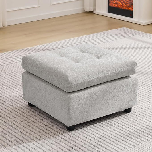 24" Square Modular Ottoman for Sectional Sofa, Tufted Chenille Upholstered Footrest, Cloud Sofa Ottoman for Living Room, Light Grey