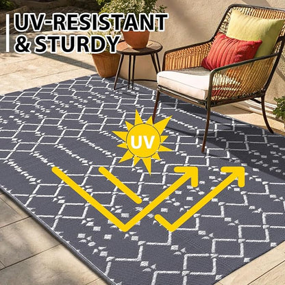 Smiry Outdoor Rug 8x10 ft, Waterproof Reversible Plastic Straw Rugs, Boho Outdoor Area Rug, Outside Floor Mat for Patio, Backyard, Deck, Picnic, Beach, Camping, Grey