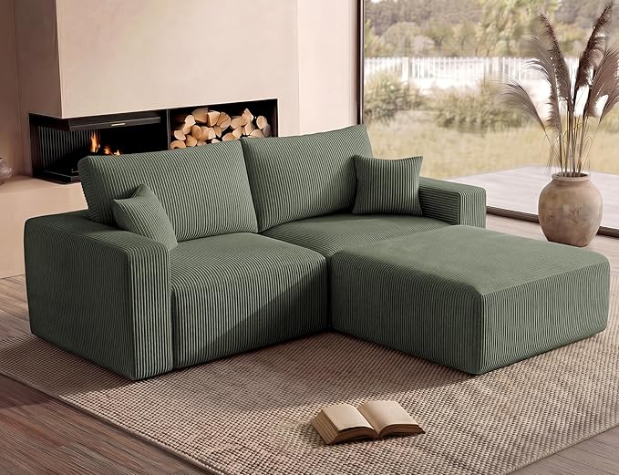 Modular Sectional Sofa with Ottoman, L-Shaped Cloud Couch, 79" Memory Foam Boneless Loveseat with Chaise, No Assembly Required Corduroy Frameless Sofa for Small Living Room Apartment Home Decor, Green
