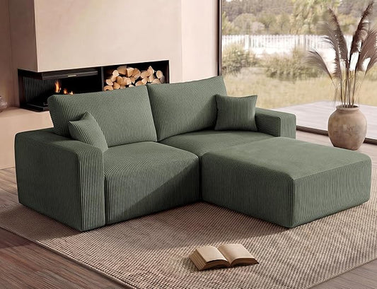 Modular Sectional Sofa with Ottoman, L-Shaped Cloud Couch, 79" Memory Foam Boneless Loveseat with Chaise, No Assembly Required Corduroy Frameless Sofa for Small Living Room Apartment Home Decor, Green