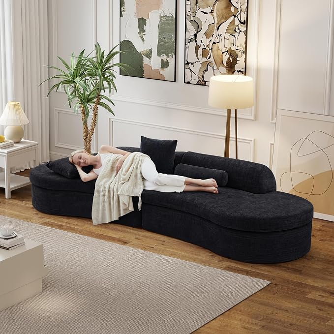 126" Curved Modular Sectional Sofa, Chenille Upholstered Cloud 4 Seater Couch for Living Room, No Assembly Modern Love Seat Sofa with 2 Bolster Pillows & 2 Square Pillows, High-Density Foam, Black