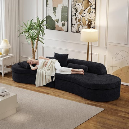 126" Curved Modular Sectional Sofa, Chenille Upholstered Cloud 4 Seater Couch for Living Room, No Assembly Modern Love Seat Sofa with 2 Bolster Pillows & 2 Square Pillows, High-Density Foam, Black