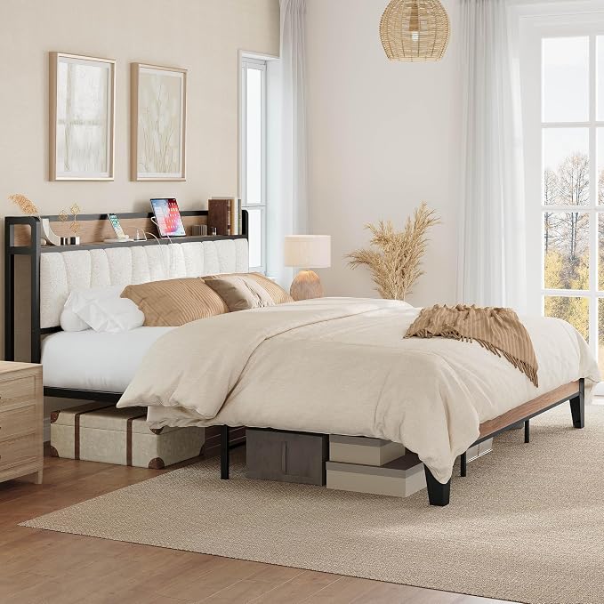 LIKIMIO King Bed Frames, Storage Headboard with Charging Station, Solid and Stable, Noise Free, No Box Spring Needed, Easy Assembly, Wood and Cream
