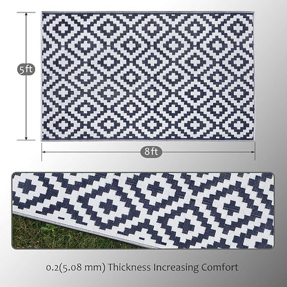 SAND MINE Reversible Mats, Plastic Straw Rug, Modern Area Rug, Large Floor Mat and Rug for Outdoors, RV, Patio, Backyard, Deck, Picnic, Beach, Trailer, Camping, Dark Blue & White, 5' x 8'