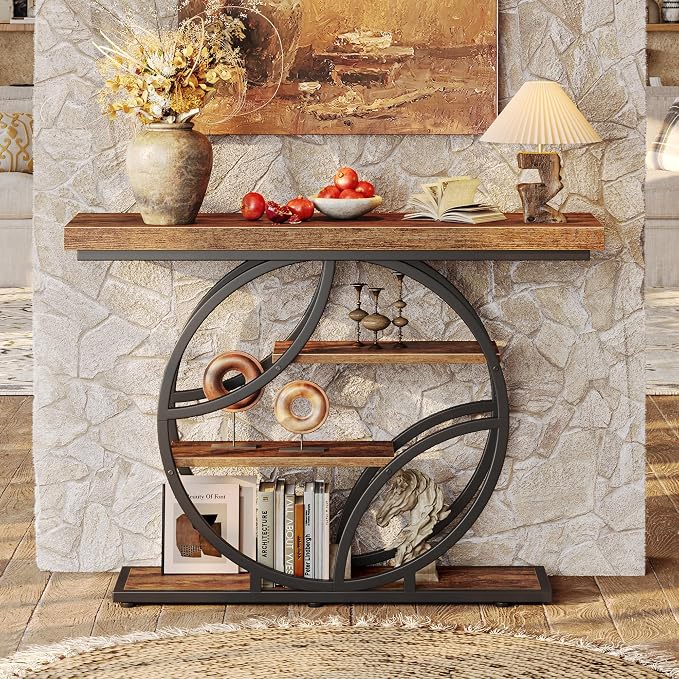 Huuger Modern Console Table, 41.3 Inch Sofa Table with Artistic Curved Metal Frame, Narrow Entryway Table for Hallway, Living Room, Behind Couch, Rustic Brown