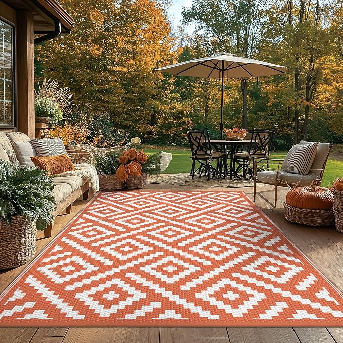 GENIMO Outdoor Rug for Patio, 6'x9' Fall Reversible Plastic Straw Rugs, Waterproof Halloween RV Camping Mat Lightweight Carpet for Camper, Balcony, Deck, Backyard, Picnic, White Orange
