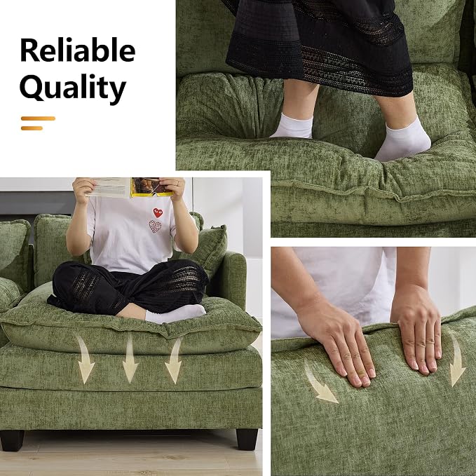 76'' Cloud Deep Seat Loveseat Sofa, Upholstered Chenille Modular 2-Seats Sectional Sofa Couch with Movable Ottoman, Modern Comfy Settee Loveseat for Living Room Set, Small Apartment, Green