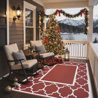 GENIMO 5' x 8' Outdoor Rug Waterproof for Patio Decor, Foldable Reversible Plastic Straw Area Rugs Mat for Camper, Outside Carpet for Rv, Deck, Porch, Picnic, Beach, Balcony, Red & White