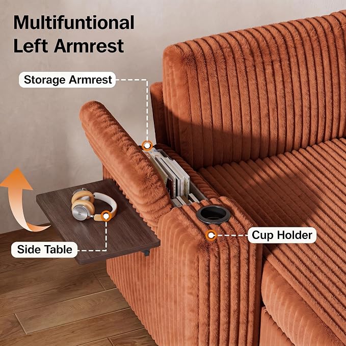 Vipbear 130" Modular Sectional Sleeper Sofa with Pull Out Bed, 9 Seat Corduroy L Shaped Couch with Ottoman and Chaise|USB Ports|Cup Holders|Side Table, Tool Free Assembly, Orange