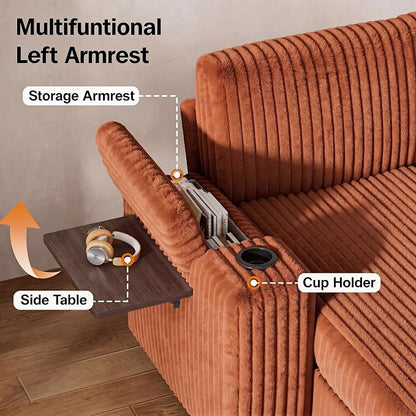 Vipbear 130" Modular Sectional Sleeper Sofa with Pull Out Bed, 9 Seat Corduroy L Shaped Couch with Ottoman and Chaise|USB Ports|Cup Holders|Side Table, Tool Free Assembly, Orange
