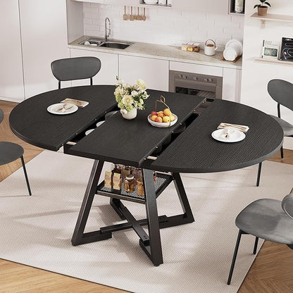 Expandable Kitchen Dining Table for 4-6, Oval Round Dining Table with Storage Shelf and Removable Extension Leaf, Space Saving Pedestal Table for Dining Room, Modern Industrial Style (Black)