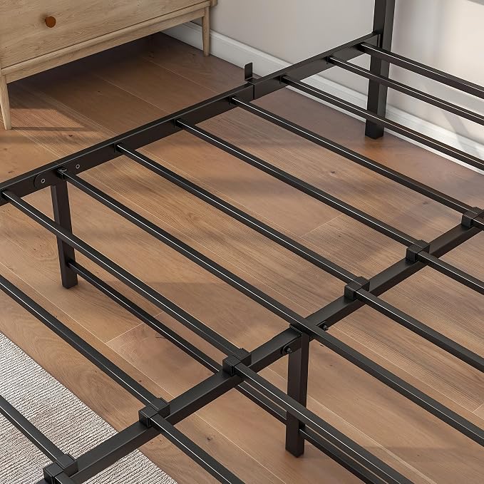 BOFENG Black Queen Size Bed Frames with Wood Headboard,Heavy Duty Platform Bed Frame with Storage No Box Spring Needed,Mattress Foundation,Strong Steel Slats,Noise Free,Brown