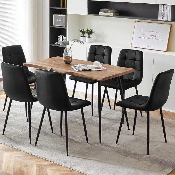 NORDICANA Dining Chairs Set of 6, Modern Black Velvet Kitchen Chairs for 6 Person, Armless Chairs Upholstered Cushion Seat, Metal Legs