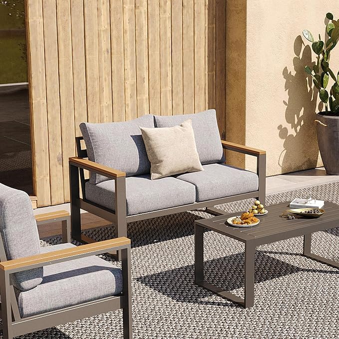 Sundale Outdoor Aluminum Patio Loveseat, All-Weather Outdoor Furniture with 6" Olefin Cushion & Wide Armrest, Outdoor Couch for Garden Deck Porch(Grey) | Heavy Duty