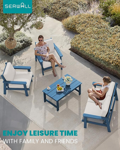 SERWALL Outdoor Loveseat, Blue Frame and Khaki Cushion