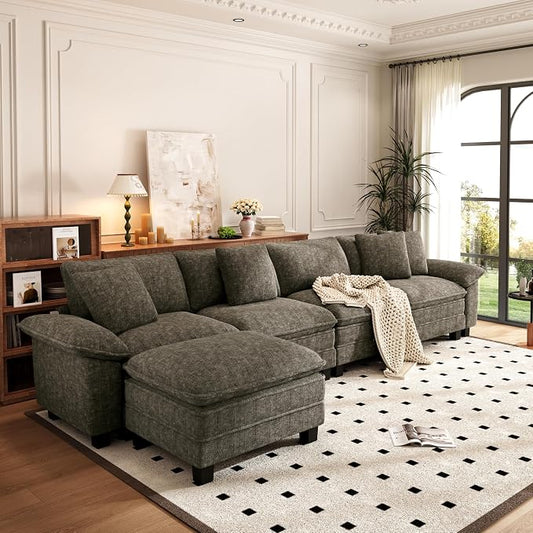 PHI VILLA Cloud Modular Couch Sets, 157.5" Oversized Sectional Sofa with L-Shaped Chaise, 5-Seater Upholstered Couches with Movable Ottoman for Living Room, Chenille Smoky Grey