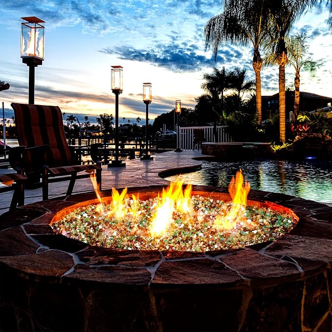 Mr. Fireglass Blended Reflective Fire Glass for Fire Pit Fireplace and Landscaping, 10 Pounds 1/4 Inch Mixed Colored High Luster Fireglass Rocks for Outdoor and Indoor Use Copper+Gold+Light Green