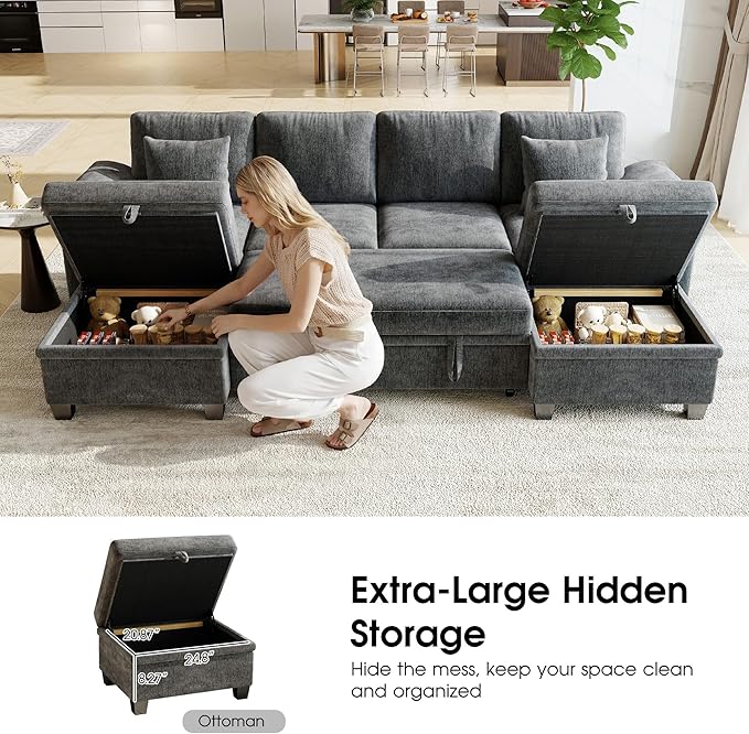 Sectional Sleeper Sofa Bed, 107.8" U Shaped 6 Seat Pull Out Couch with Storage Ottoman, Convertible Cloud Couch Bed, Modular Sectional Couches for Living Room, Apartment (Gray)