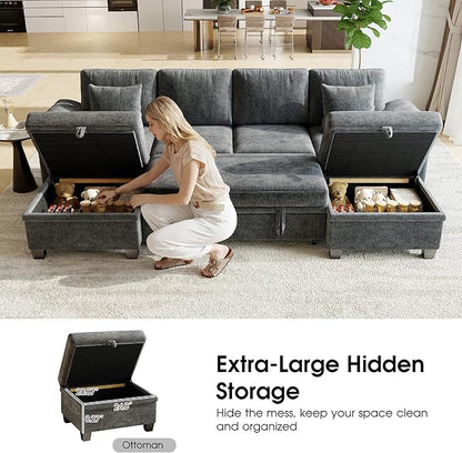 Sectional Sleeper Sofa Bed, 107.8" U Shaped 6 Seat Pull Out Couch with Storage Ottoman, Convertible Cloud Couch Bed, Modular Sectional Couches for Living Room, Apartment (Gray)