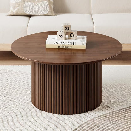 31.5" Round Coffee Table, Modern Fluted Accent Center Table with Metal Frame, Wooden Circle Coffee Tables for Living Room Small Space or Office (Walnut)