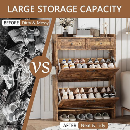Shoe Cabinet with 2 Flip Drawers & 2 Top Drawers, 43" Tall Freestanding Narrow Wooden Shoe Storage Organizer for Entryway, Hidden Slim Shoe Rack for Front Door Entrance, Hallway, Living Room, Brown