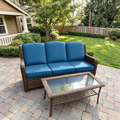 3 Seater Outdoor Wicker Sofa with Table, High Back Rattan Couch with Extra Thick Cushions, Wide Armrests, Deep Seating Sets for Porch Balcony Deck Yard, Peacock Blue