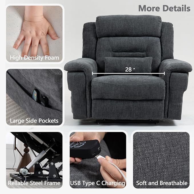 JIKFRIMA Oversized Big Man 400lbs Power Lift Recliner Chair for Adults | Lay Flat Recliners with Vibration Massage and Lumbar Heating,28in Extra Wide Seat,Wireless USB Charging Ports,Living Room