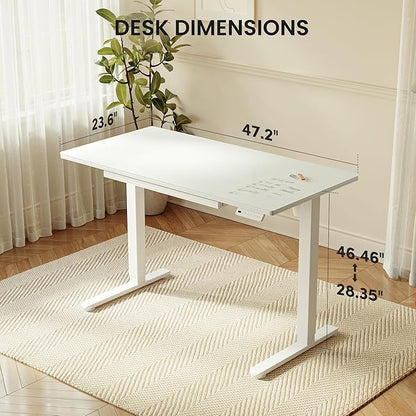 CubiCubi 48x24 Standing Desk with Glass Top, Height Adjustable Computer Desk with Drawer, One-piece Rising Home Office Desks with Positon Memory, Sit Stand Up Electric Workstation Table, White