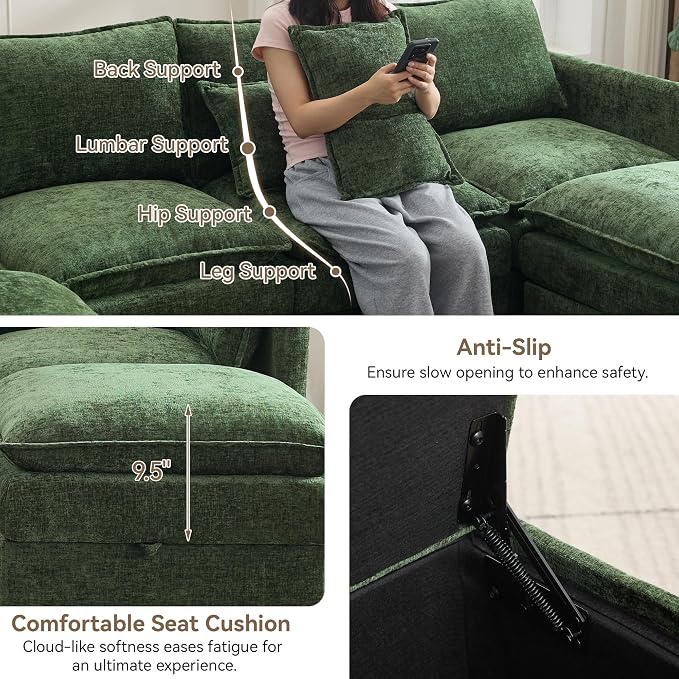 80" Cloud Modular 3 Seater Sofa with Storage, Modern Upholstered Storage Sofa Couch Deep Seat, Sectional Sofa Chenille Comfy Couch with Armrests for Living Room, Small Space, Green